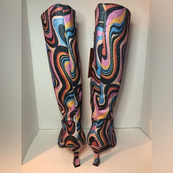 Gianni Bini Cat-Walk Glitter Snip Toe Colorful Swirl Pattern Knee-High Boots NWT - Picture 10 of 16